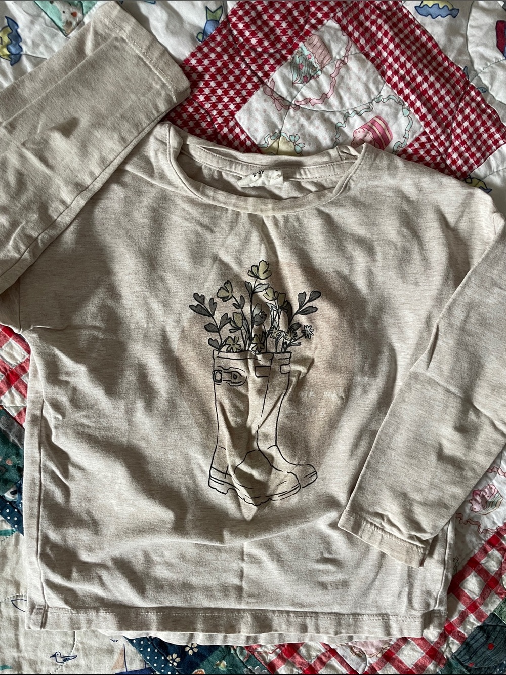 Kids Cream Long-Sleeve Tee with Boot & Floral Graphic